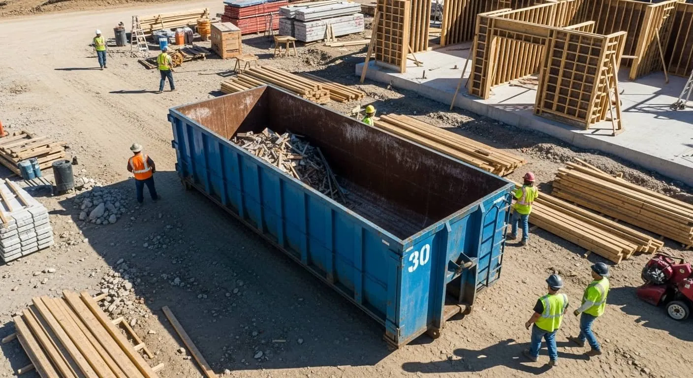 Demolition debris being loaded into a roll-off container on a jobsite near Mooresville, NC Demolition debris being loaded into a roll-off container on a jobsite near Mooresville, NC