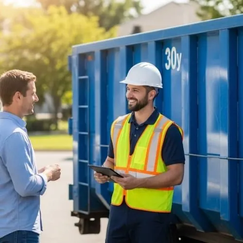 Race City Dumpster Rental driver talking a customer through container placement in Mooresville, NC Race City Dumpster Rental driver talking a customer through container placement in Mooresville, NC