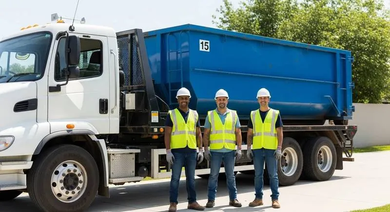 Race City Dumpster Rental crew beside a roll-off truck loaded with a 15 yard container in Mooresville, NC Race City Dumpster Rental crew beside a roll-off truck loaded with a 15 yard container in Mooresville, NC