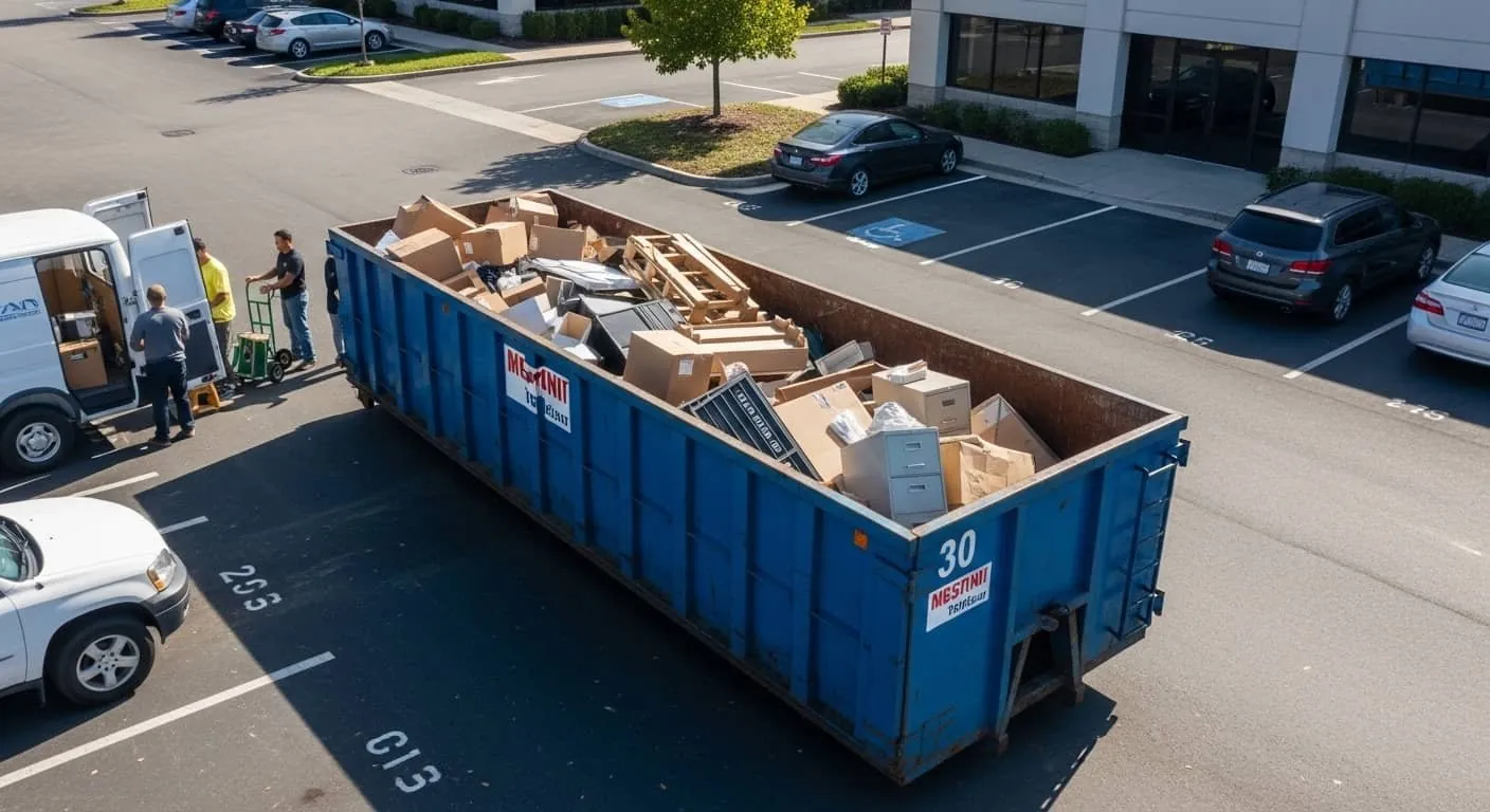 Junk removal dumpster being loaded with office furniture and boxes in a Mooresville, NC parking lot Junk removal dumpster being loaded with office furniture and boxes in a Mooresville, NC parking lot