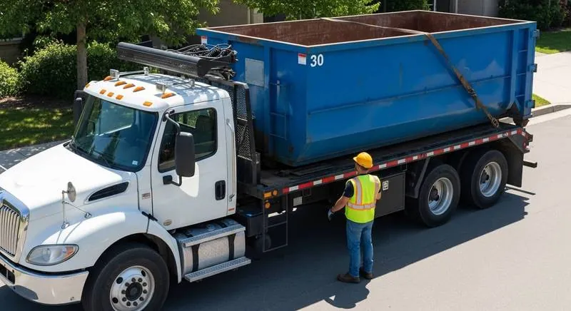 Roll-off truck delivering a 30 yard dumpster on a residential street in Mooresville, NC Roll-off truck delivering a 30 yard dumpster on a residential street in Mooresville, NC